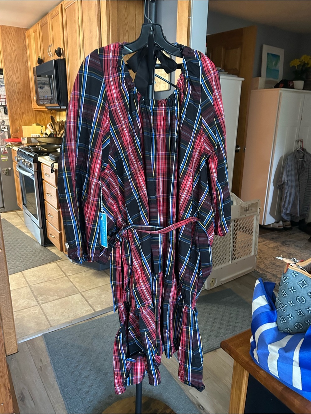 Draper James Red Black and Blue Plaid Cotton Dres